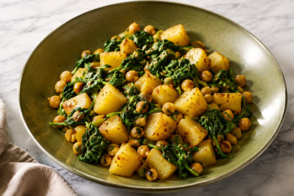 Fertiges Gericht aus alternativer Perspektive. Rezept: Kartoffel-Spinat-Pfanne mit Kichererbsen