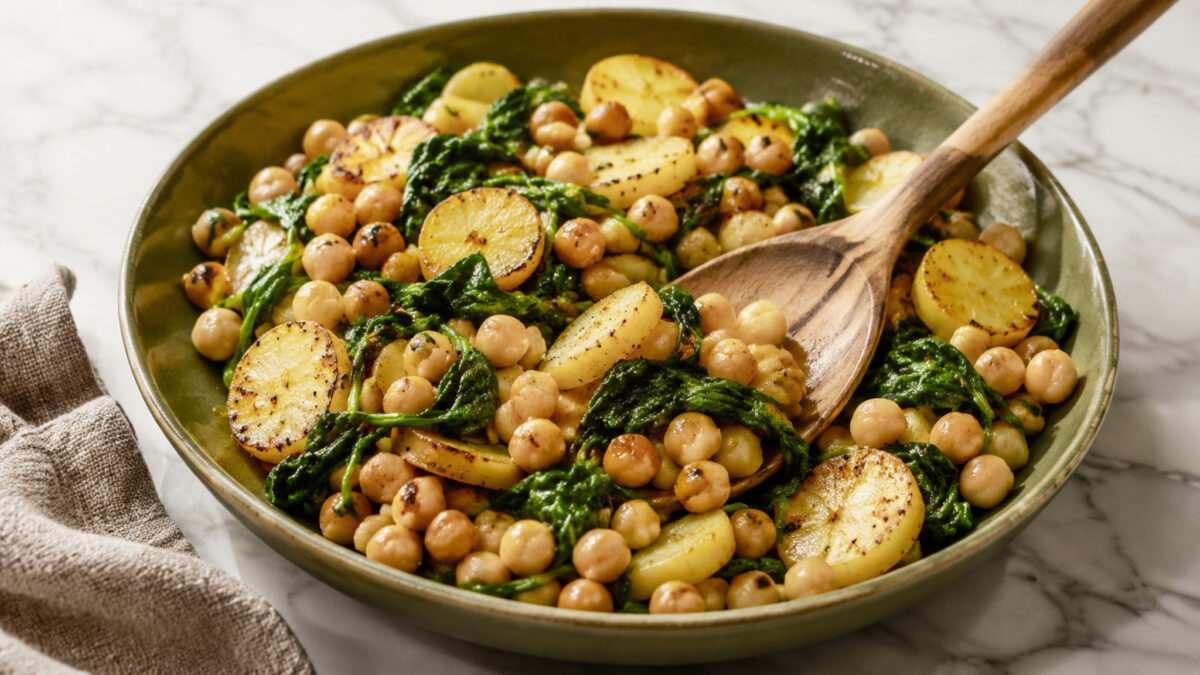 Servierszene mit dem fertigen Gericht. Rezept: Kartoffel-Spinat-Pfanne mit Kichererbsen
