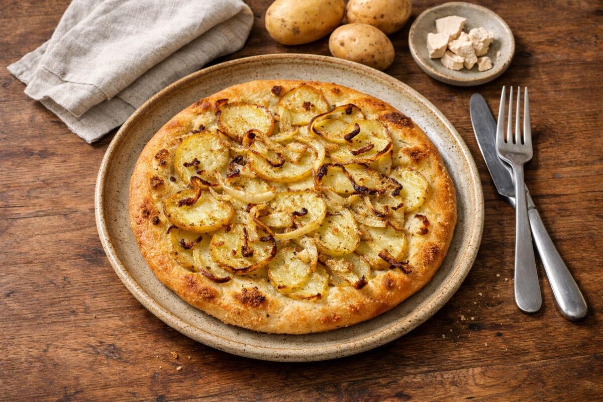 Hauptansicht des fertigen Gerichts. Rezept: Kartoffel-Zwiebel-Fladen
