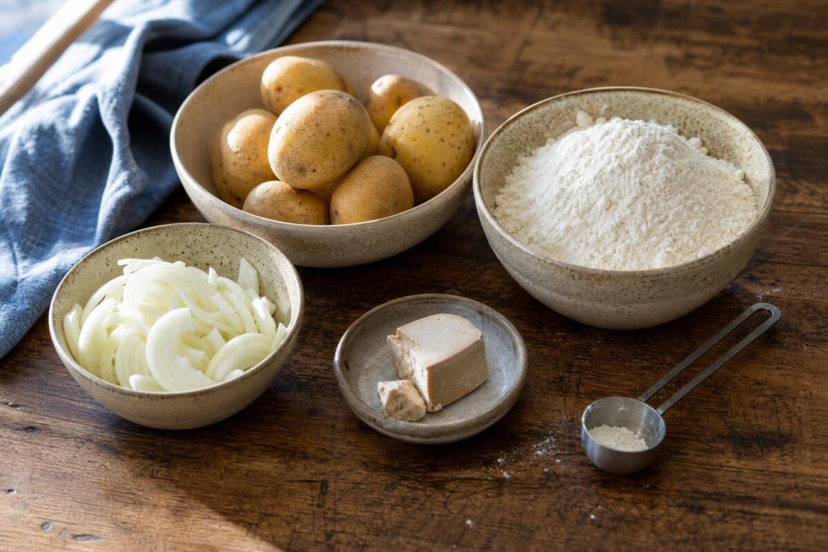 Zutaten- und Vorbereitungsansicht. Rezept: Kartoffel-Zwiebel-Fladen