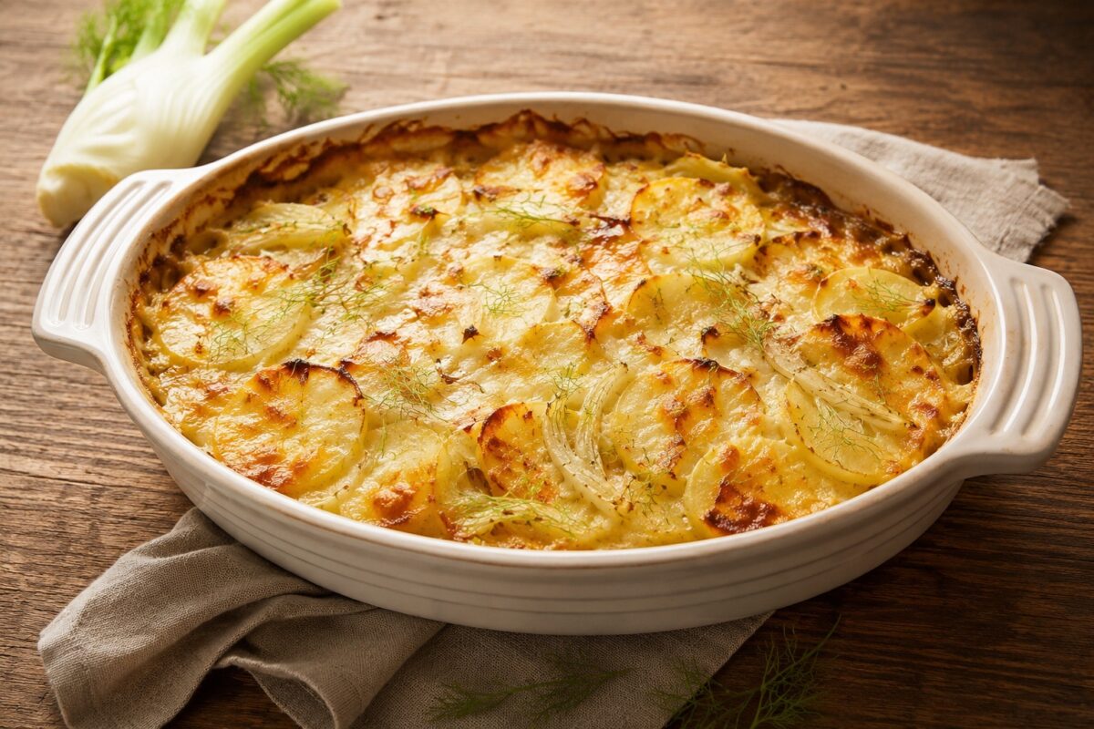Große ovale helle Auflaufform mit goldbraunem Kartoffel-Fenchel-Gratin und sichtbaren Kartoffelscheiben.