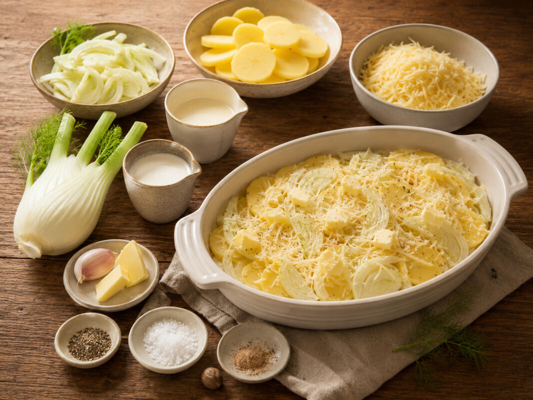 Zutaten- und Vorbereitungsansicht mit Kartoffeln, Fenchel, Bergkäse, Sahne und Auflaufform im passenden Stil.