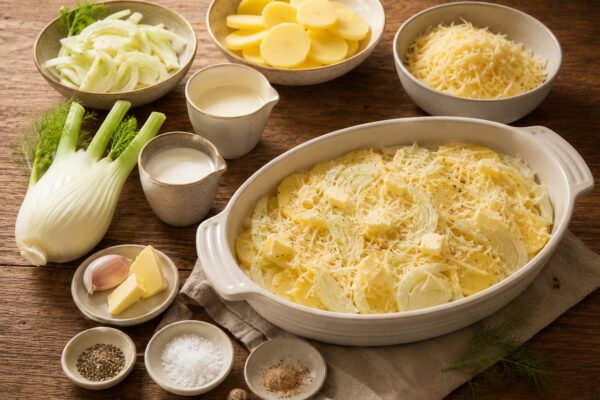 Zutaten- und Vorbereitungsansicht mit Kartoffeln, Fenchel, Bergkäse, Sahne und Auflaufform im passenden Stil.