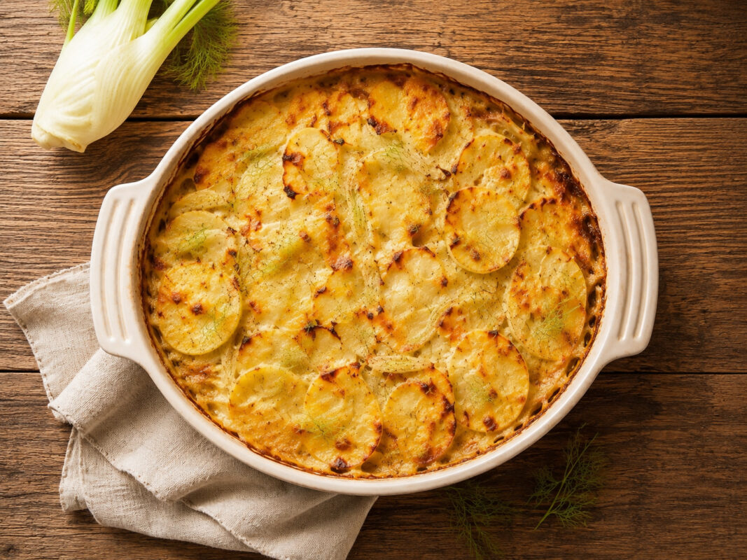 Draufsicht auf das goldbraune Kartoffel-Fenchel-Gratin in der hellen ovalen Auflaufform.
