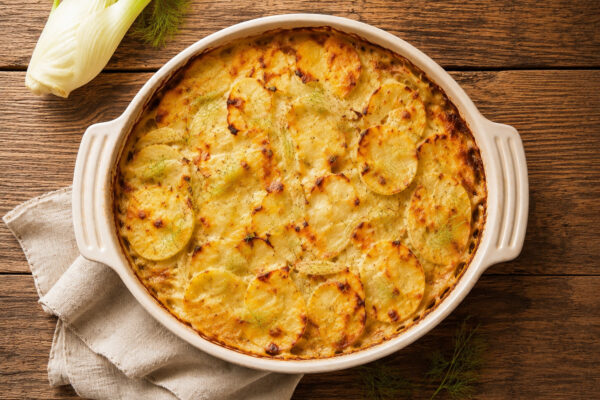 Draufsicht auf das goldbraune Kartoffel-Fenchel-Gratin in der hellen ovalen Auflaufform.