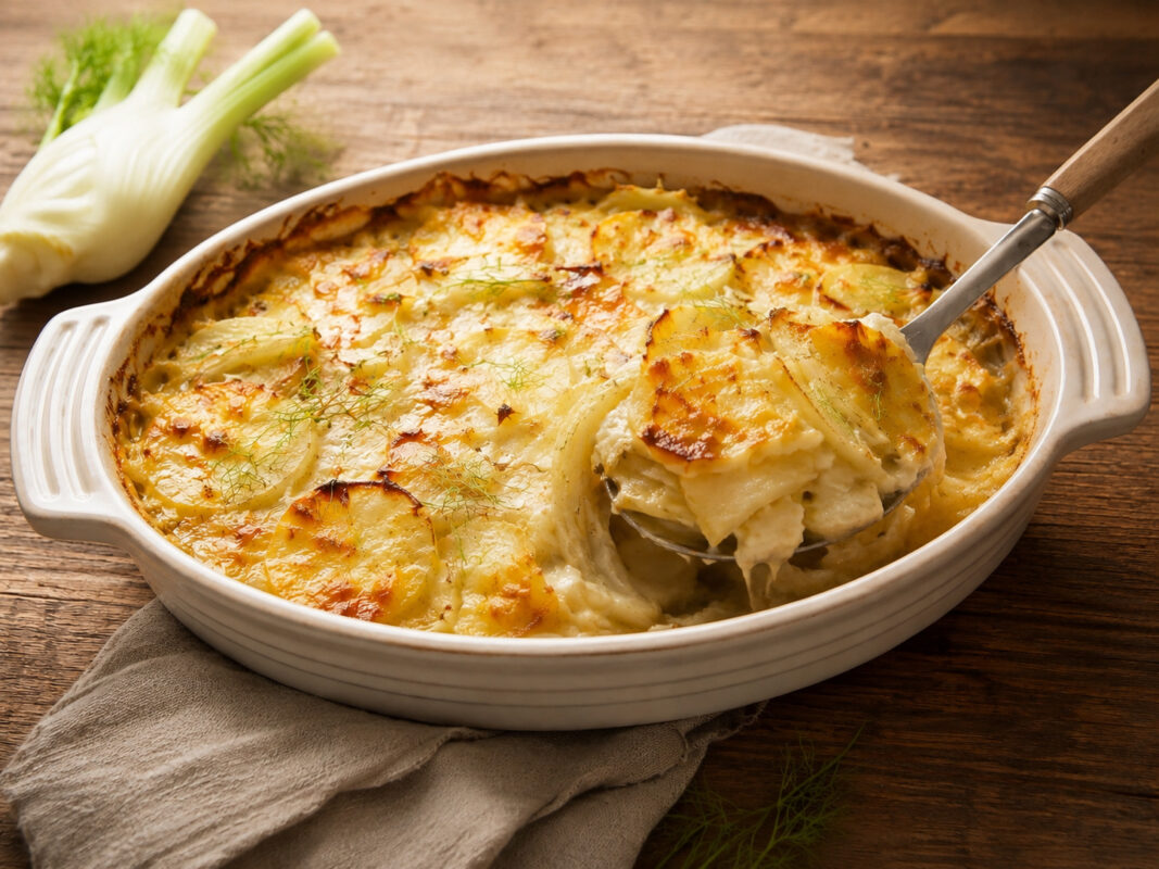 Serviersituation mit einer entnommenen Portion des Kartoffel-Fenchel-Gradins in derselben rustikalen Bildwelt.