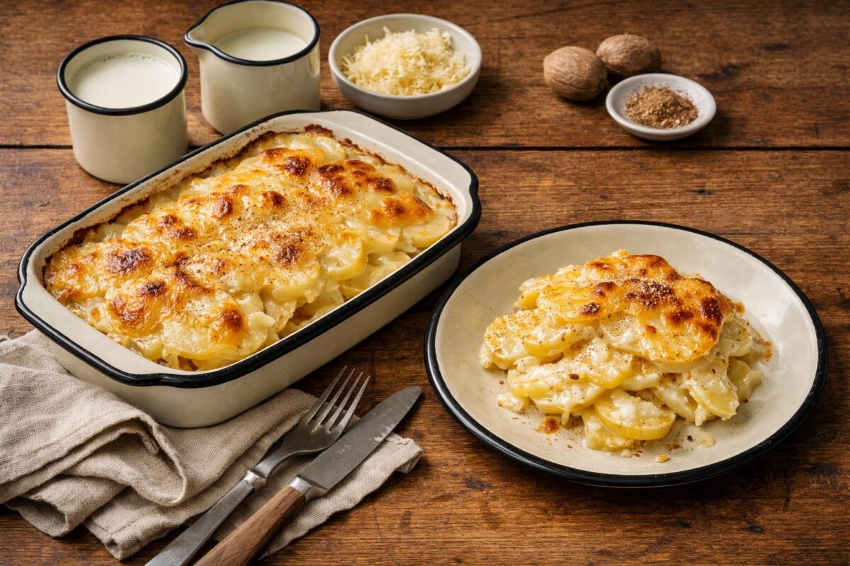 Hauptansicht des fertigen Gerichts. Rezept: Kartoffelgratin mit laktosefreier Sahne