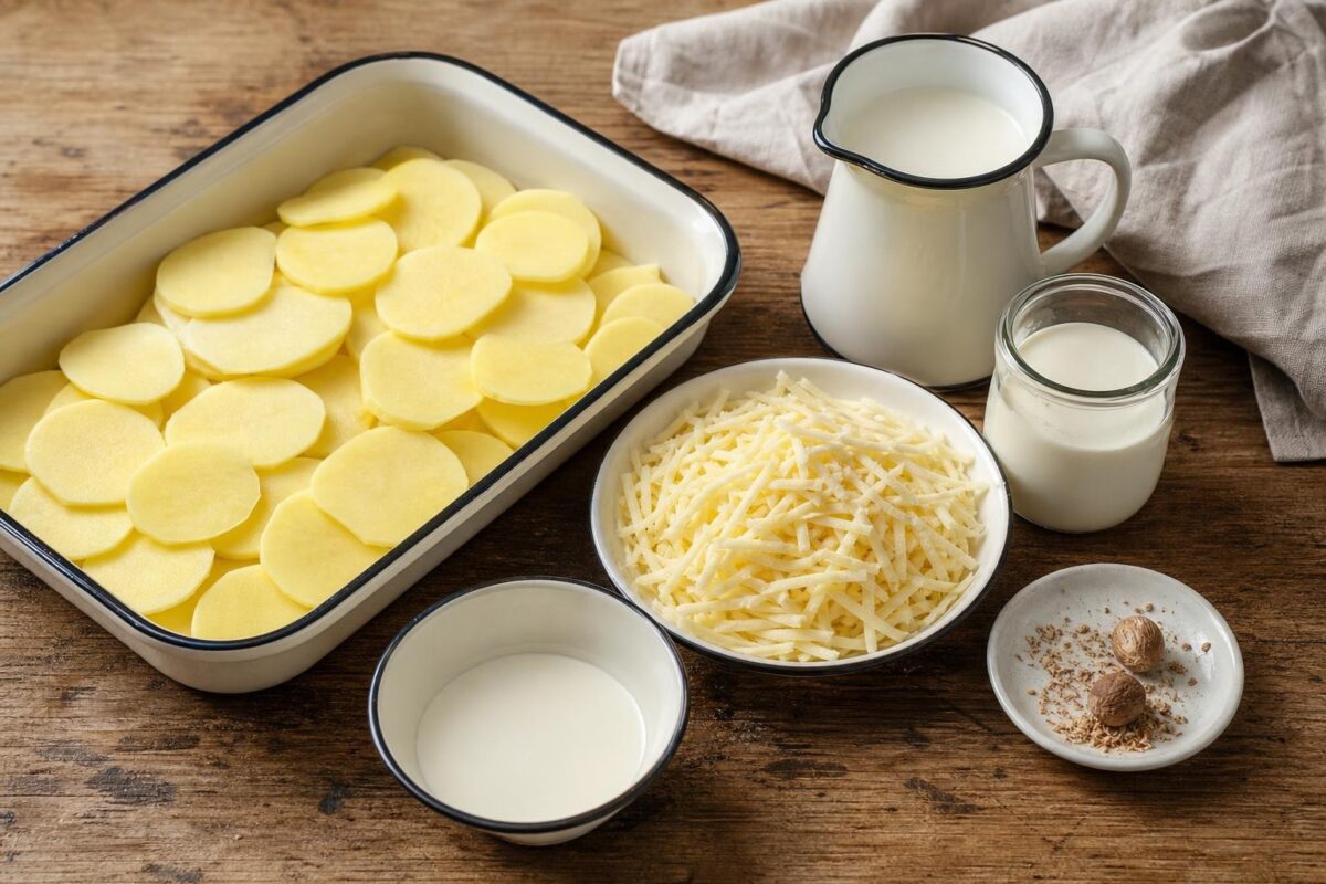 Zutaten- und Vorbereitungsansicht. Rezept: Kartoffelgratin mit laktosefreier Sahne