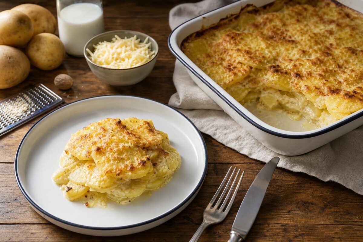 Servierszene mit dem fertigen Gericht. Rezept: Kartoffelgratin mit laktosefreier Sahne