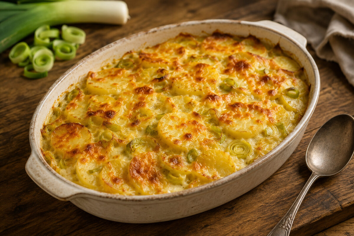 Fertiges Kartoffelgratin mit Lauch und Käse in ovaler Keramikform, goldbraune Käsekruste, sichtbare Kartoffelscheiben und Lauchringe.
