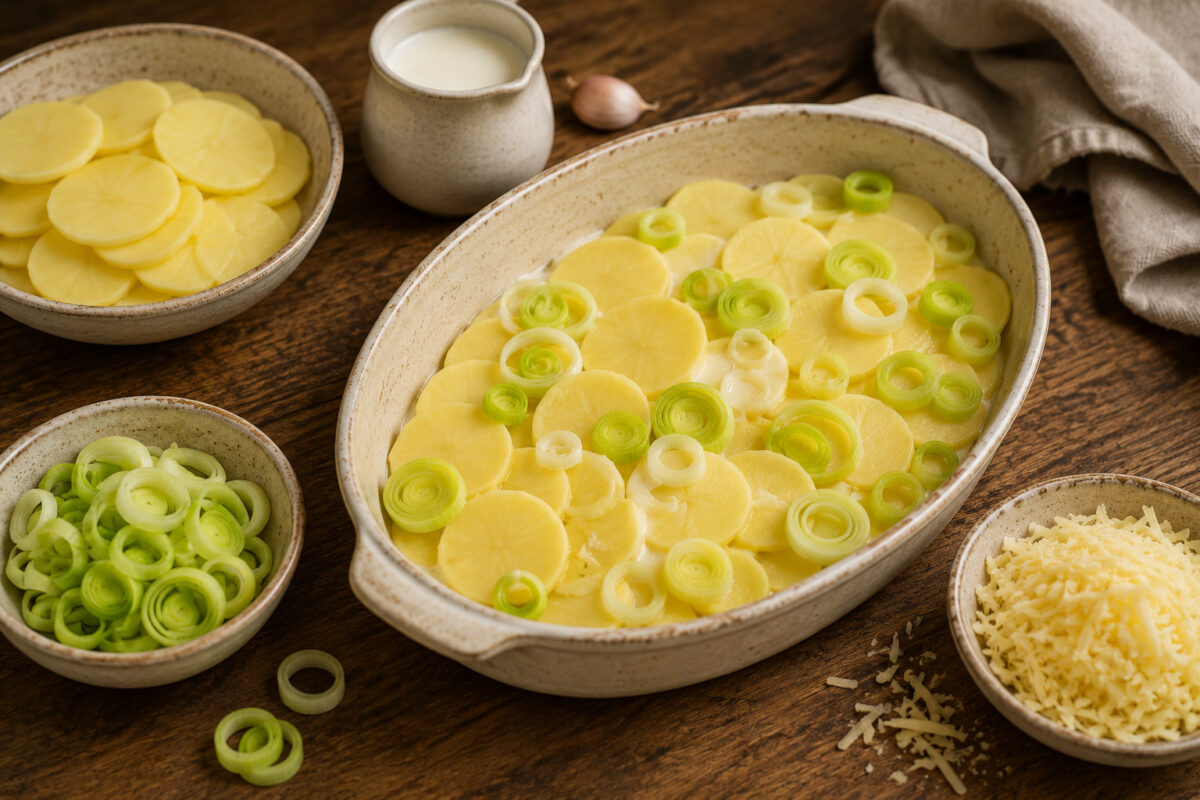 Vorbereitungsansicht mit dünnen Kartoffelscheiben, Lauchringen, geriebenem Käse, Milch/Sahne und Knoblauch; Gratin in der ovalen Form vorbereitet.