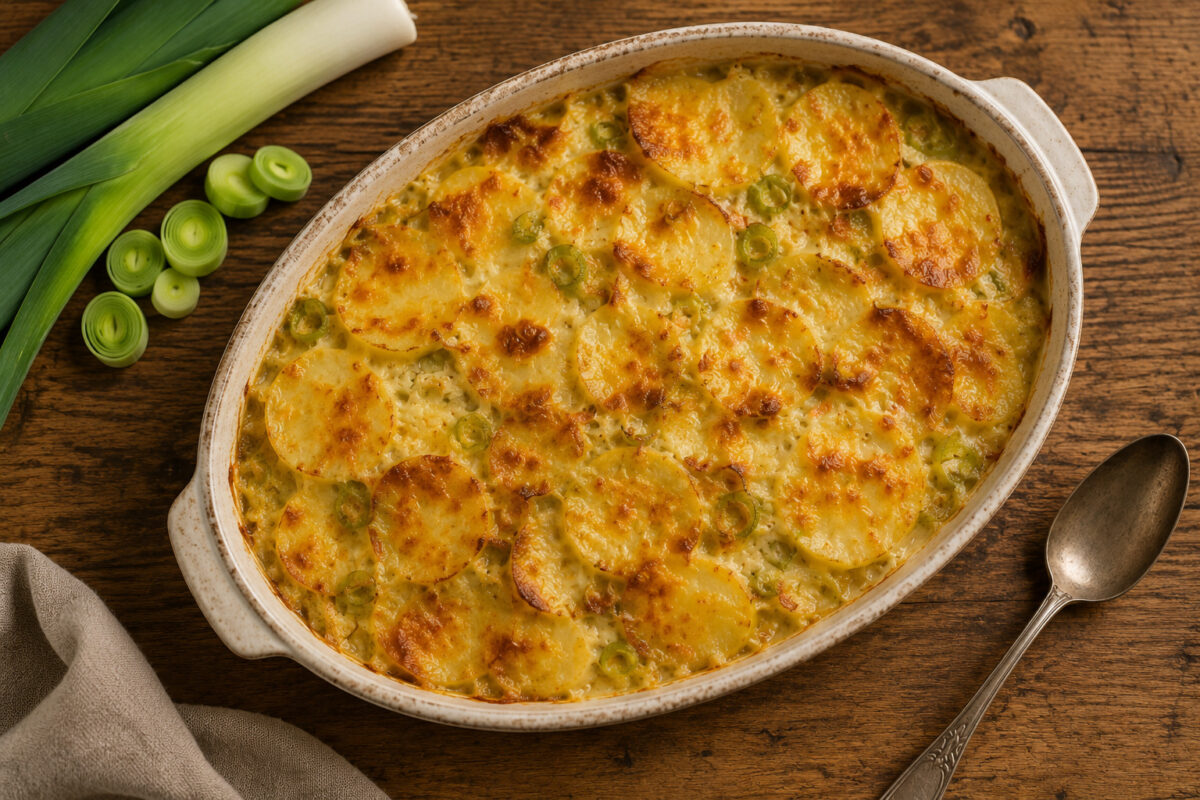 Fertiges Kartoffelgratin mit Lauch und Käse aus deutlich höherer Perspektive, goldbraun überbacken mit sichtbaren Kartoffelscheiben und Lauch.