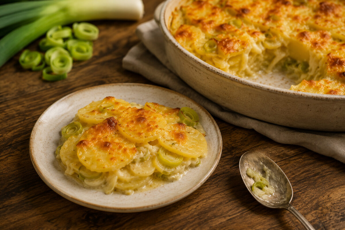 Servierszene mit angerichteter Portion Kartoffel-Lauch-Gratin und der ovalen Auflaufform im Hintergrund.