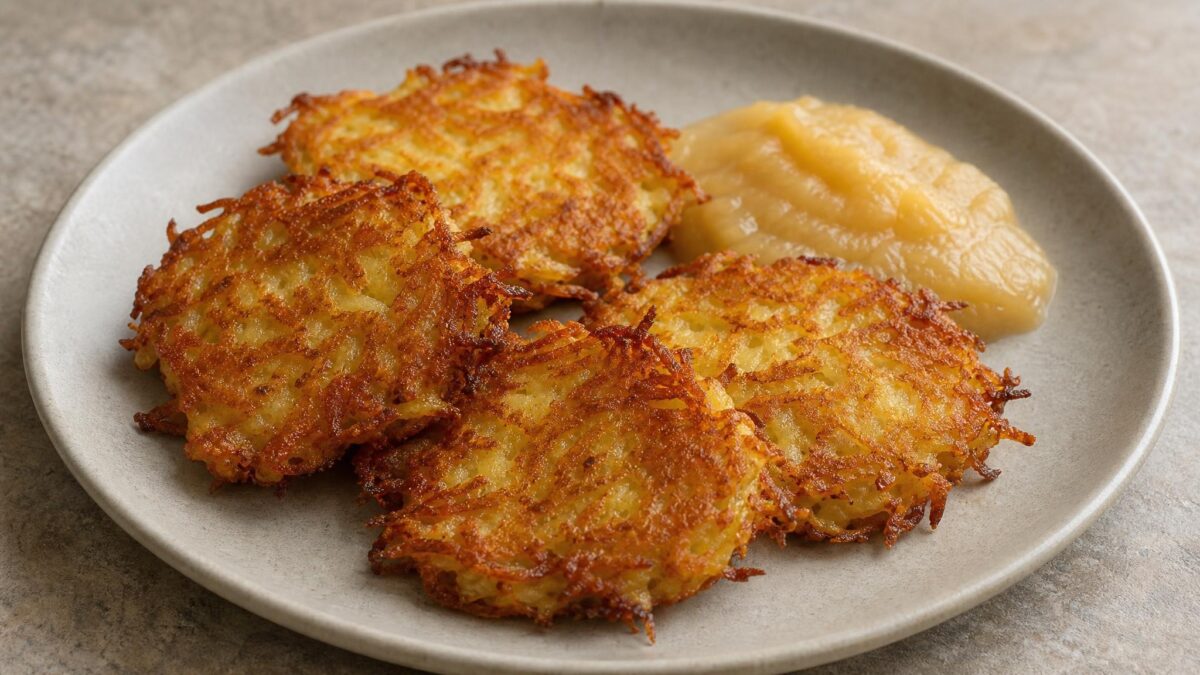 Hauptansicht des fertigen Gerichts. Rezept: Kartoffelpuffer mit Apfelmus