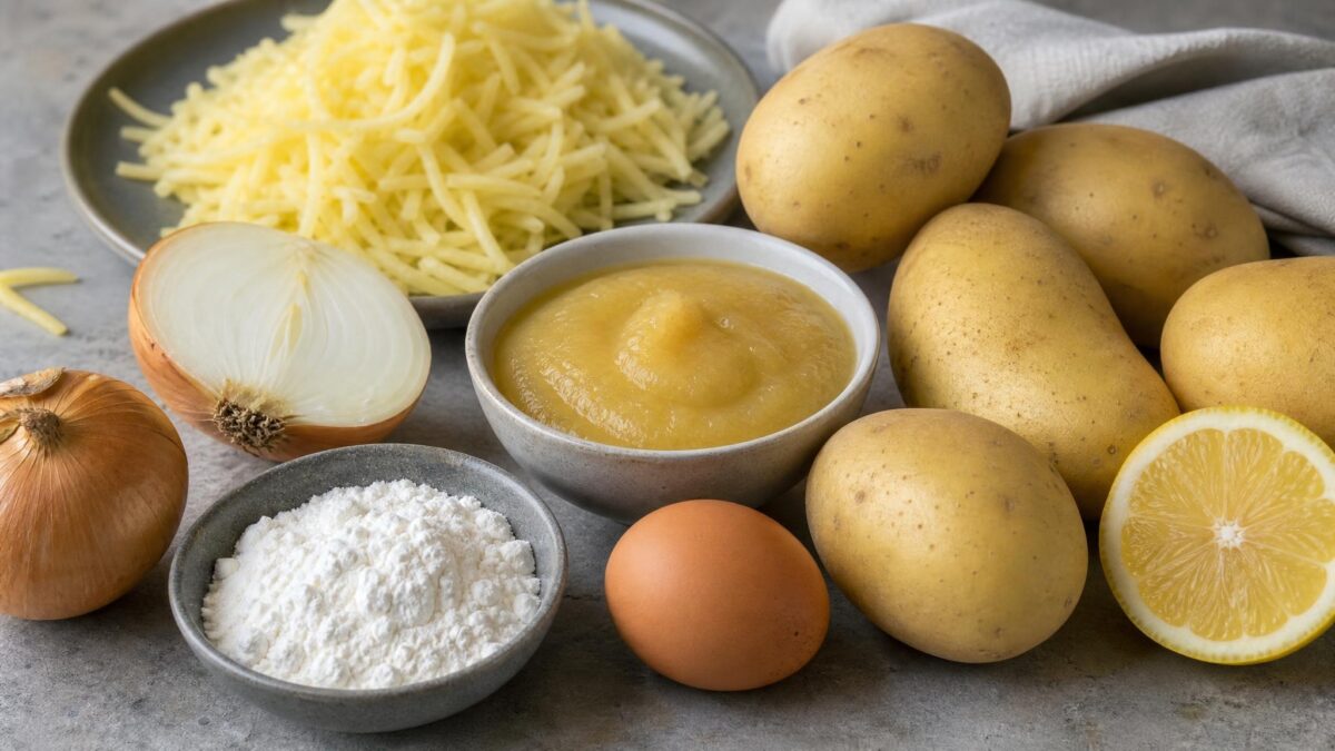Zutaten- und Vorbereitungsansicht. Rezept: Kartoffelpuffer mit Apfelmus