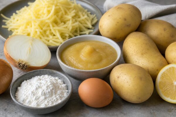 Zutaten- und Vorbereitungsansicht. Rezept: Kartoffelpuffer mit Apfelmus