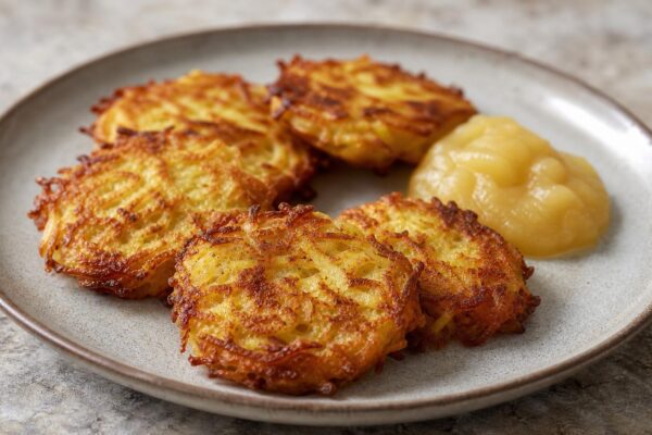 Fertiges Gericht aus einer alternativen Perspektive. Rezept: Kartoffelpuffer mit Apfelmus