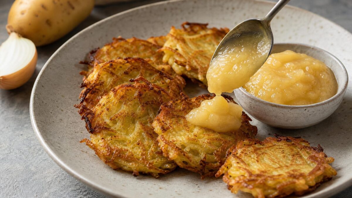 Servierszene mit dem fertigen Gericht. Rezept: Kartoffelpuffer mit Apfelmus