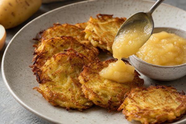 Servierszene mit dem fertigen Gericht. Rezept: Kartoffelpuffer mit Apfelmus