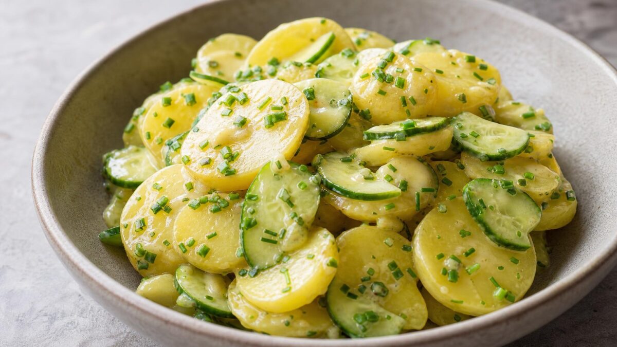 Hauptansicht des fertigen Gerichts. Rezept: Kartoffelsalat mit Senf-Kräuter-Dressing