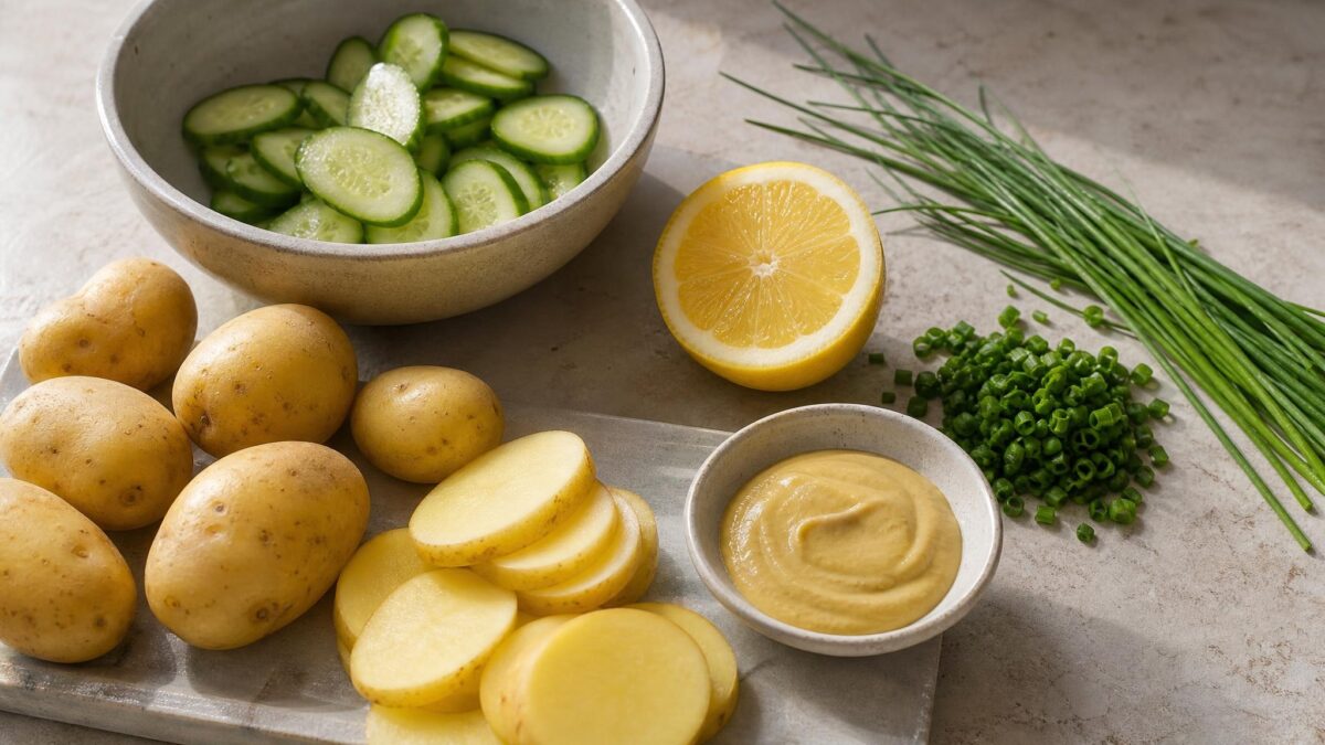Zutaten- und Vorbereitungsansicht. Rezept: Kartoffelsalat mit Senf-Kräuter-Dressing