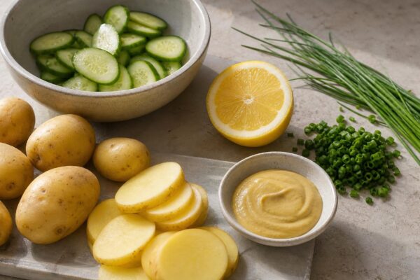 Zutaten- und Vorbereitungsansicht. Rezept: Kartoffelsalat mit Senf-Kräuter-Dressing