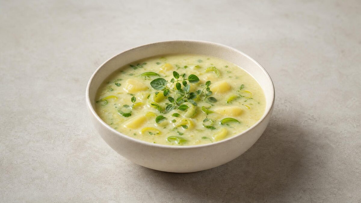 Hauptansicht des fertigen Gerichts. Rezept: Kartoffelsuppe mit Lauch und Majoran