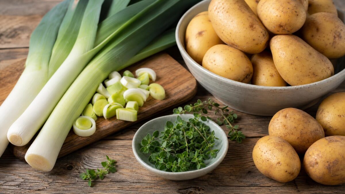 Zutaten- und Vorbereitungsansicht zum Rezept. Rezept: Kartoffelsuppe mit Lauch und Majoran