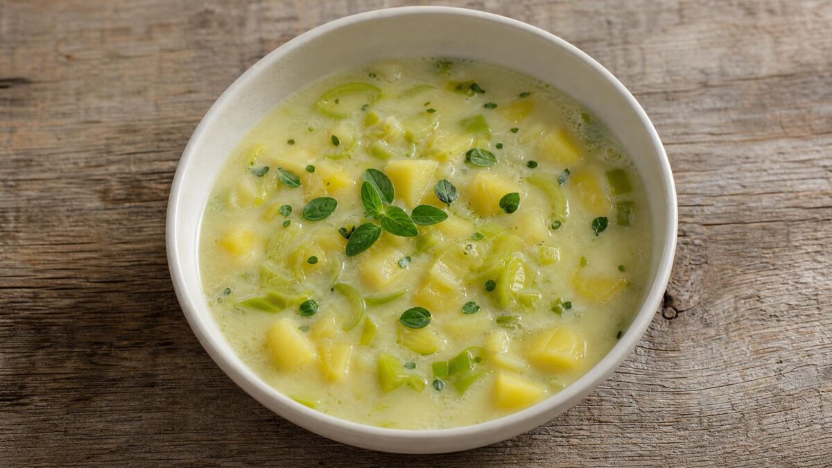 Fertiges Gericht aus einer alternativen Perspektive. Rezept: Kartoffelsuppe mit Lauch und Majoran