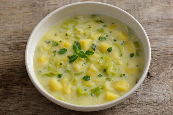 Fertiges Gericht aus einer alternativen Perspektive. Rezept: Kartoffelsuppe mit Lauch und Majoran