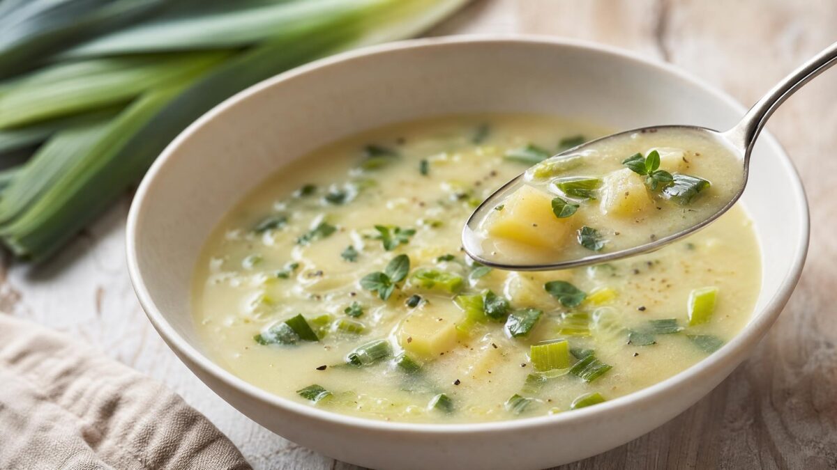 Servierszene mit dem fertigen Gericht. Rezept: Kartoffelsuppe mit Lauch und Majoran