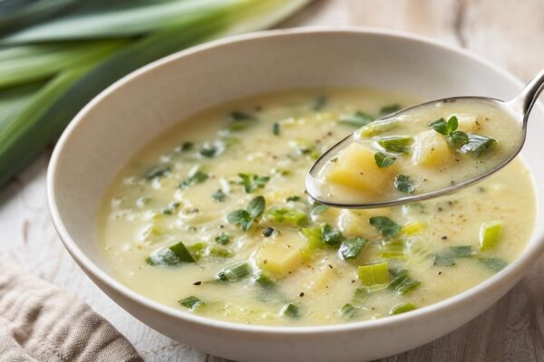 Servierszene mit dem fertigen Gericht. Rezept: Kartoffelsuppe mit Lauch und Majoran