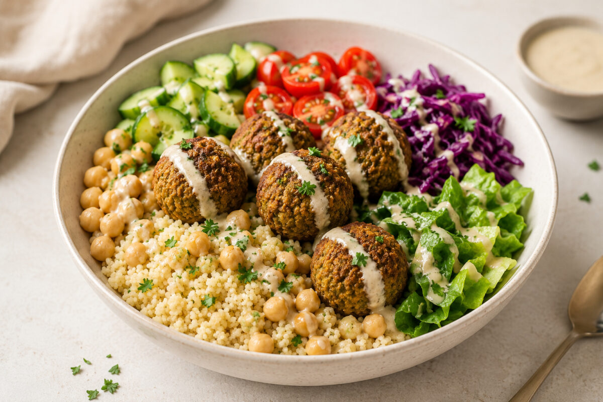 Fertige Kichererbsen-Bowl mit Couscous, Falafel, Gurke, Kirschtomaten, Rotkohl, Romanasalat und Tahini-Dressing als Hauptansicht.