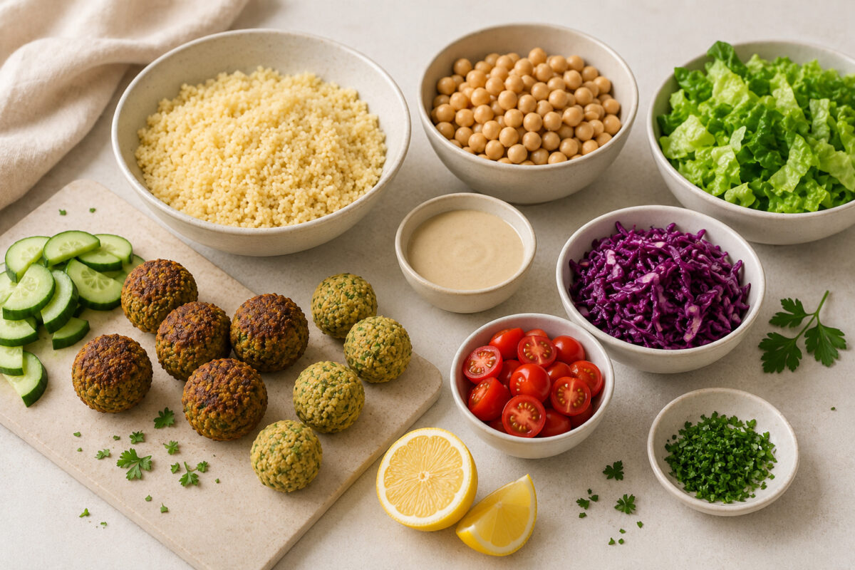 Zutaten- und Vorbereitungsansicht mit Couscous, Kichererbsen, Falafel, Gurke, Kirschtomaten, Rotkohl, Romanasalat, Tahini-Dressing, Zitrone und Petersilie.