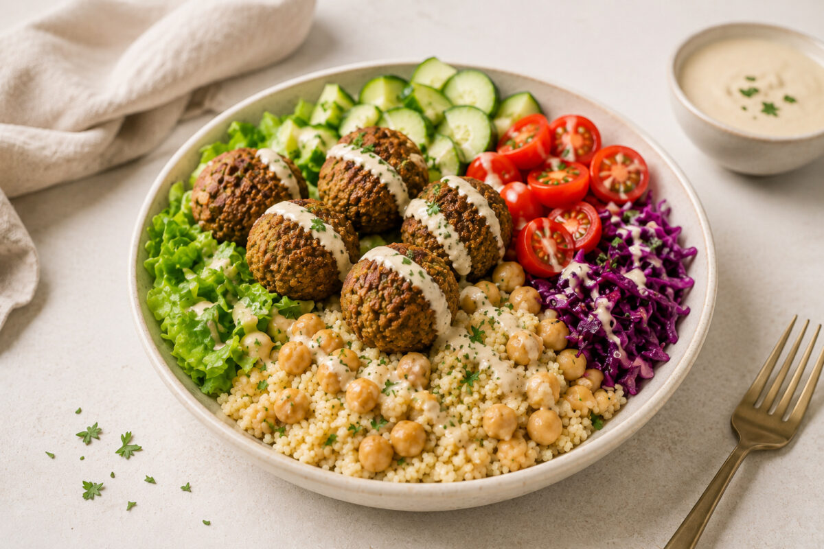Fertige Kichererbsen-Bowl aus alternativer Perspektive mit Couscous, Kichererbsen, Falafel und frischem Gemüse.