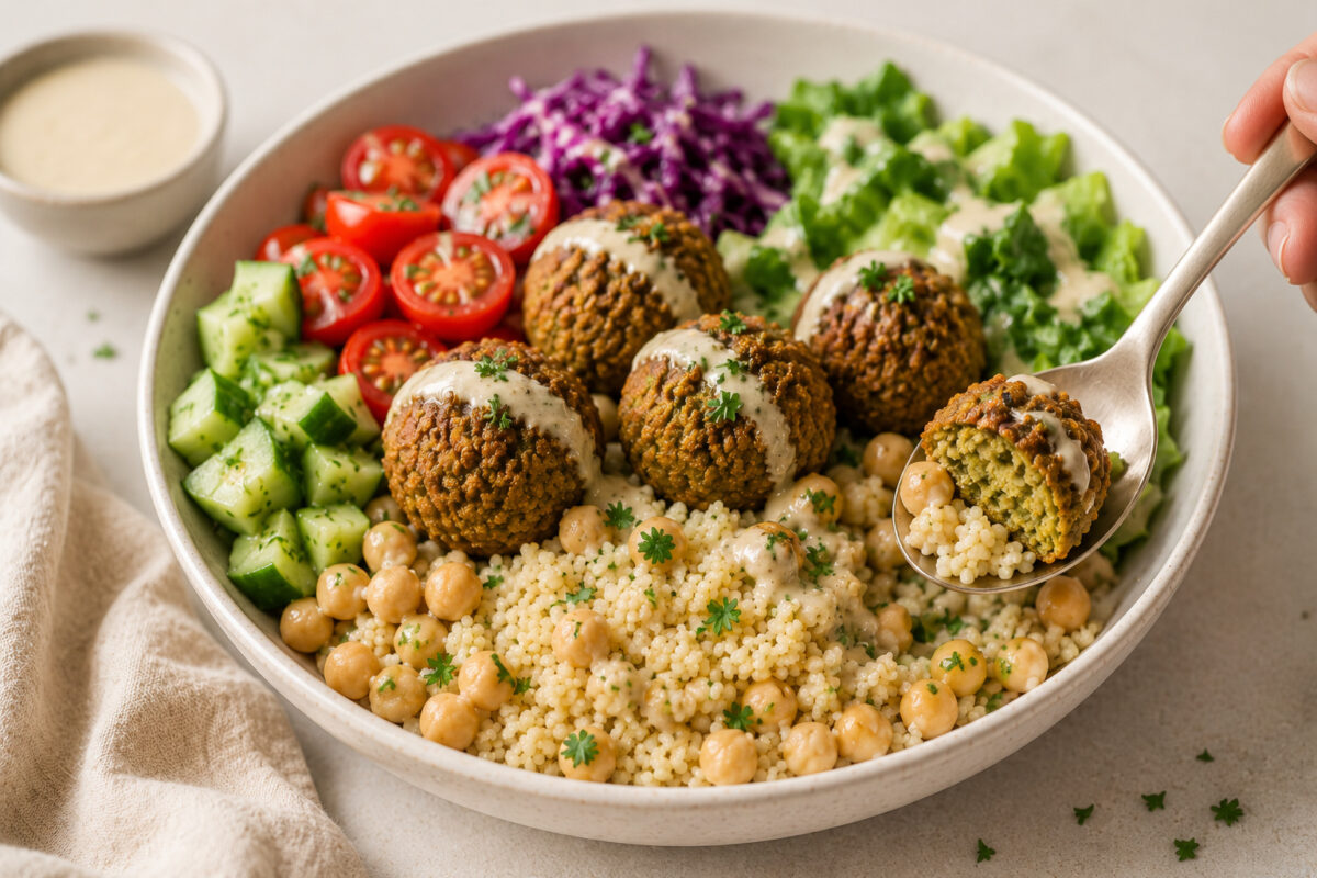 Servierszene der fertigen Kichererbsen-Bowl mit Löffel, angeschnittener Falafel, Couscous, Kichererbsen und frischem Gemüse.