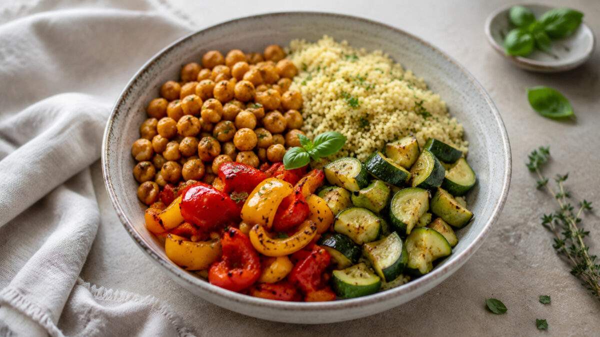 Hauptansicht des fertigen Gerichts: Echte Bowl mit klar getrennten Segmenten aus Kichererbsen, Couscous und Paprika und Zucchini; Zutaten erst beim Essen mischbar und optisch deutlich voneinander abgegrenzt. Das gesamte Gericht zentral und 4:3-crop-siche…