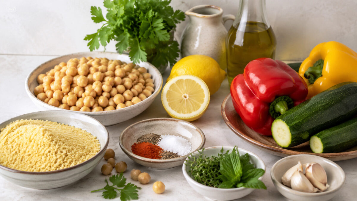 Übersicht aller Zutaten für „Kichererbsen-Couscous-Bowl mit Ofengemüse“ auf heller Arbeitsfläche, sauber gruppiert, ohne Verpackungsschrift und ohne fertiges Gericht.