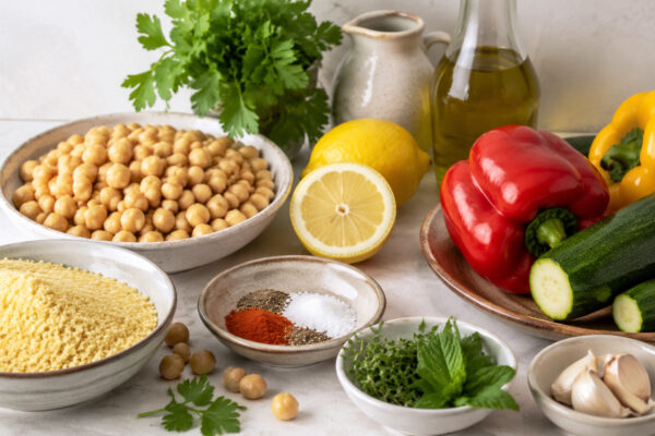 Übersicht aller Zutaten für „Kichererbsen-Couscous-Bowl mit Ofengemüse“ auf heller Arbeitsfläche, sauber gruppiert, ohne Verpackungsschrift und ohne fertiges Gericht.