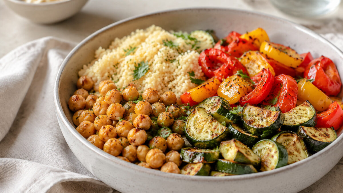 Alternative Perspektive des fertigen Gerichts: Echte Bowl mit klar getrennten Segmenten aus Kichererbsen, Couscous und Paprika und Zucchini; Zutaten erst beim Essen mischbar und optisch deutlich voneinander abgegrenzt. Etwas näher aufgenommen, natürliche…