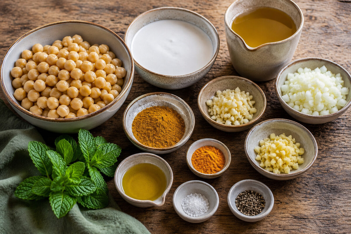 Zutaten- oder Vorbereitungsansicht mit Kichererbsen, Kokosmilch, Zwiebel, Knoblauch, Ingwer, Öl, Currypulver, Kurkuma, Brühe, Minze, Limettensaft, Salz und Pfeffer.