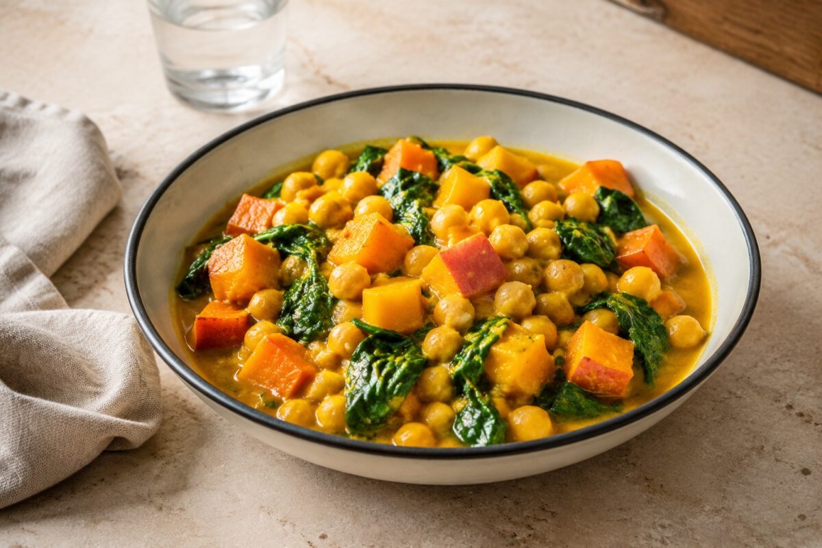 Hauptansicht des fertigen Gerichts. Rezept: Kichererbsen-Kürbis-Curry mit Spinat