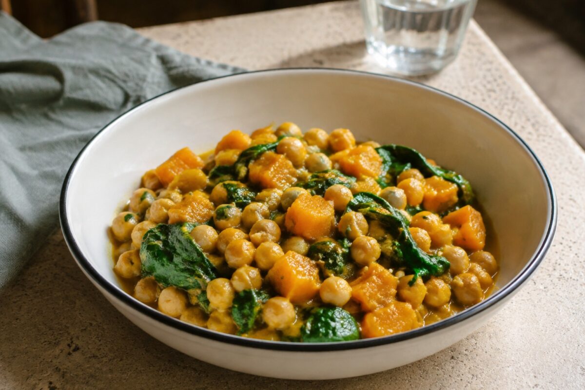 Fertiges Gericht aus alternativer Perspektive. Rezept: Kichererbsen-Kürbis-Curry mit Spinat