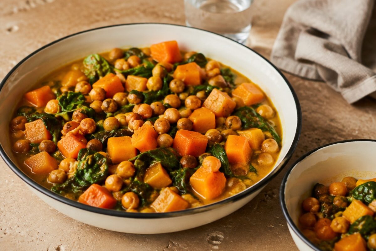 Servierszene mit dem fertigen Gericht. Rezept: Kichererbsen-Kürbis-Curry mit Spinat