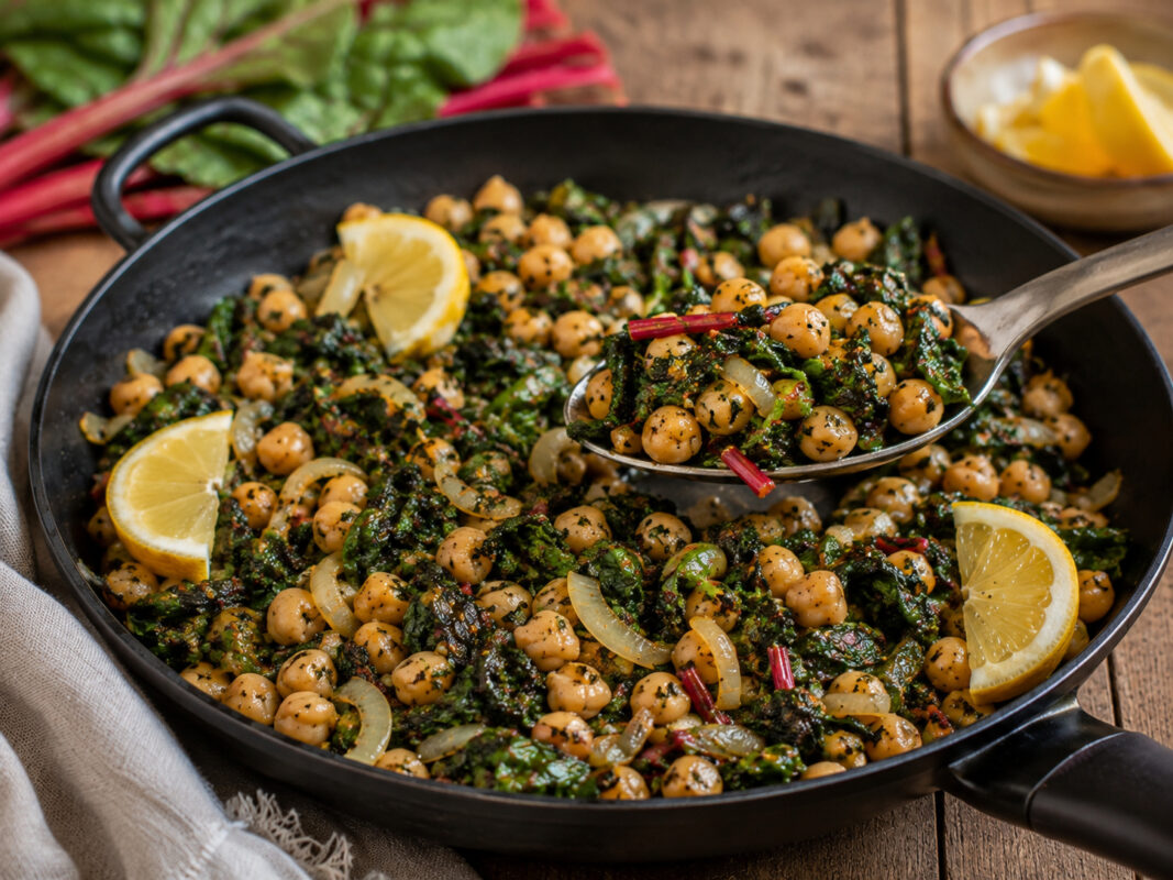 Nahe Servieransicht des fertigen Gerichts in derselben großen schwarzen Pfanne: eine Portion aus Kichererbsen, Mangold und Zwiebeln wird mit neutralem Metalllöffel angehoben; Zitronenspalten und die warme natürliche Foodfotografie-Anmutung bleiben erhalt…