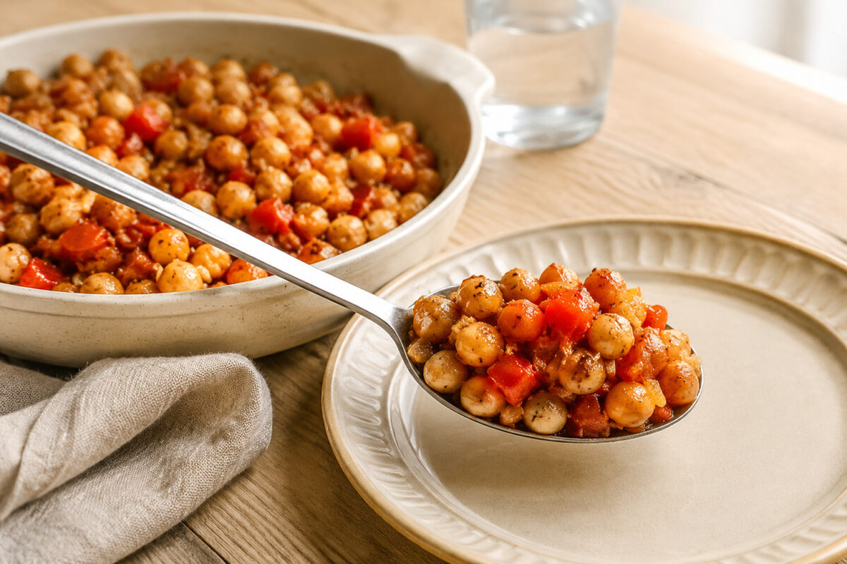 Servierszene mit dem fertigen Gericht. Rezept: Kichererbsen-Paprika-Pfanne mit Kreuzkümmel