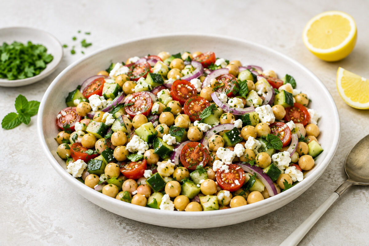 Fertiger Kichererbsen-Salat mit Gurke, Kirschtomaten, Feta, roten Zwiebeln und Kräutern in flacher heller Keramikschale, Hauptansicht.