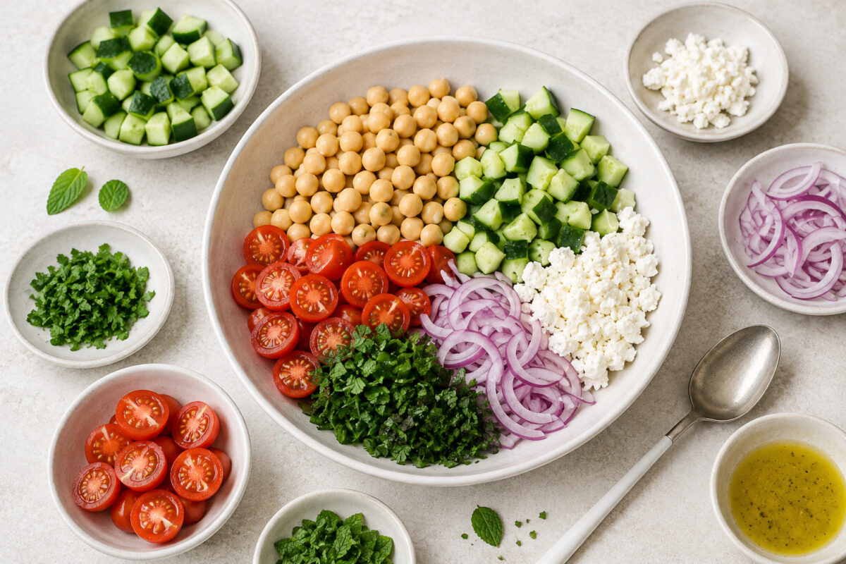 Zutaten- und Vorbereitungsansicht mit Kichererbsen, Gurke, Kirschtomaten, Feta, roter Zwiebel, Petersilie, Minze und Zitronen-Olivenöl-Dressing.