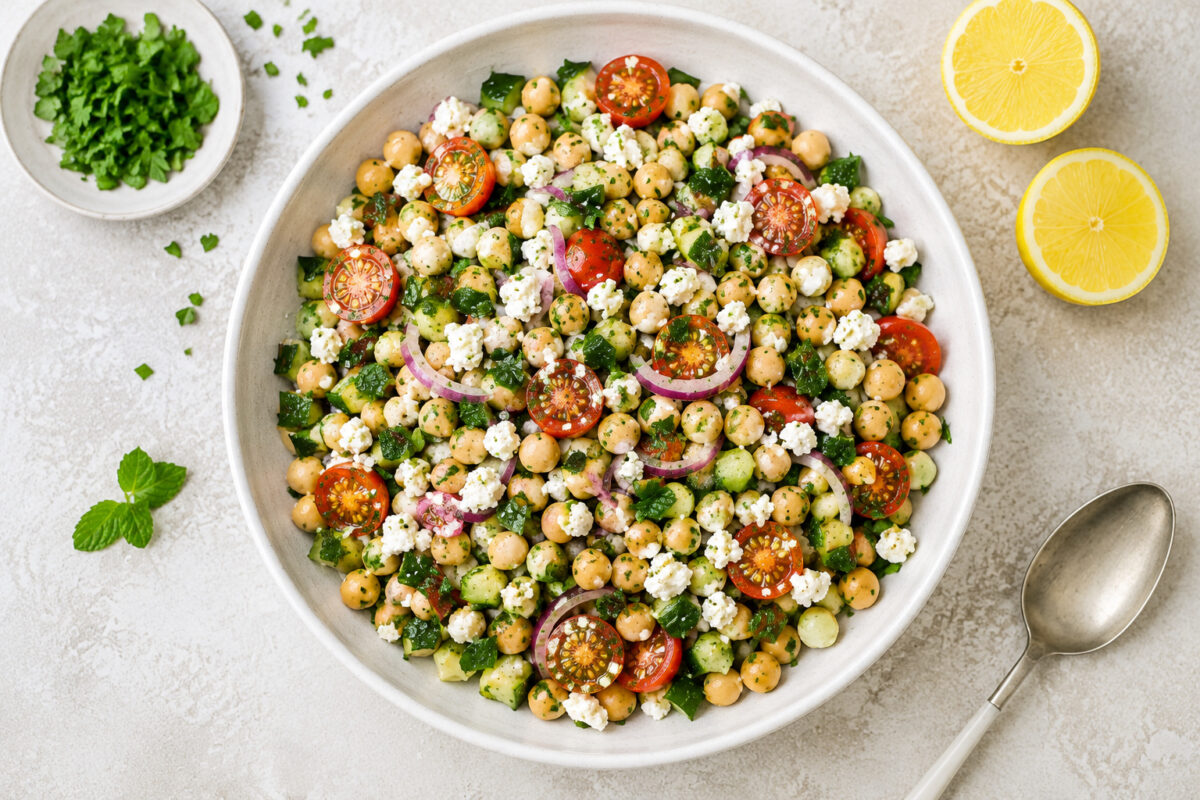 Fertiger Kichererbsen-Salat aus deutlicher Draufsicht mit Kichererbsen, Gurke, Kirschtomaten, Feta, roten Zwiebeln und Kräutern.