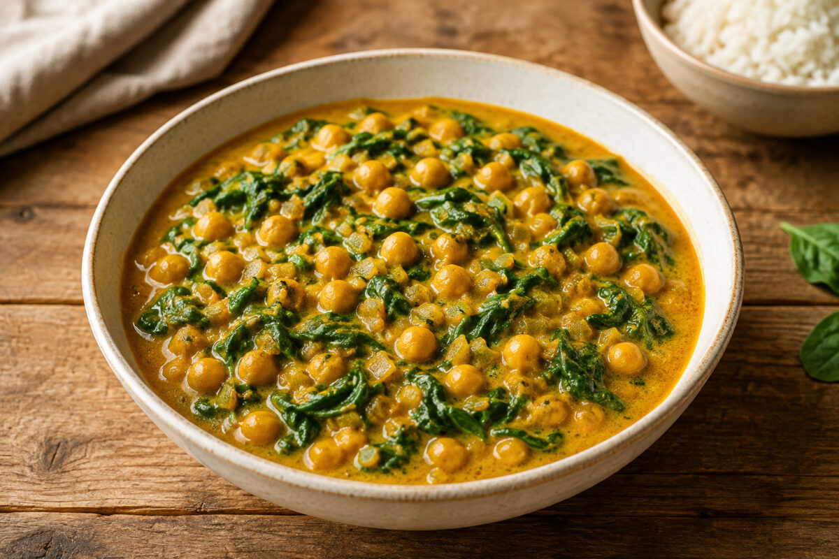 Fertiges Kichererbsen-Spinat-Curry in einer hellen Schale auf rustikalem Holztisch, Hauptansicht.